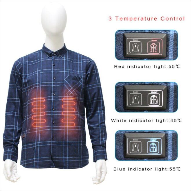 Heated Checkered Shirt Long Sleeve 5V Cotton Fabric Customized Logo BLUE Casual Shirts Knitted Winter Shirt for Adult - Image 3