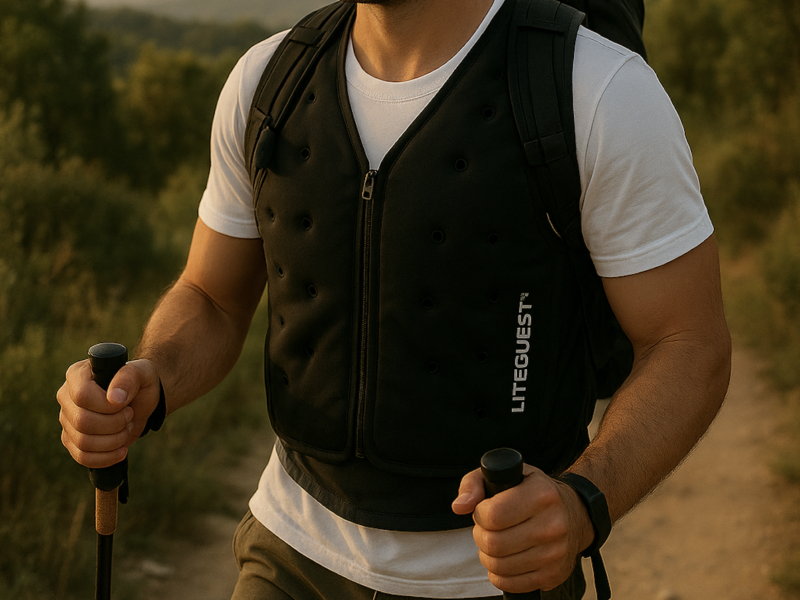 Man wearing water cooling vest with ice packs