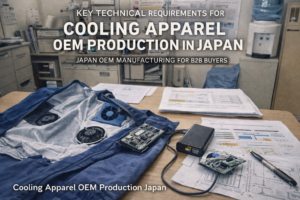 Japanese OEM engineer inspecting cooling apparel components and fan system for technical quality control in manufacturing facility
