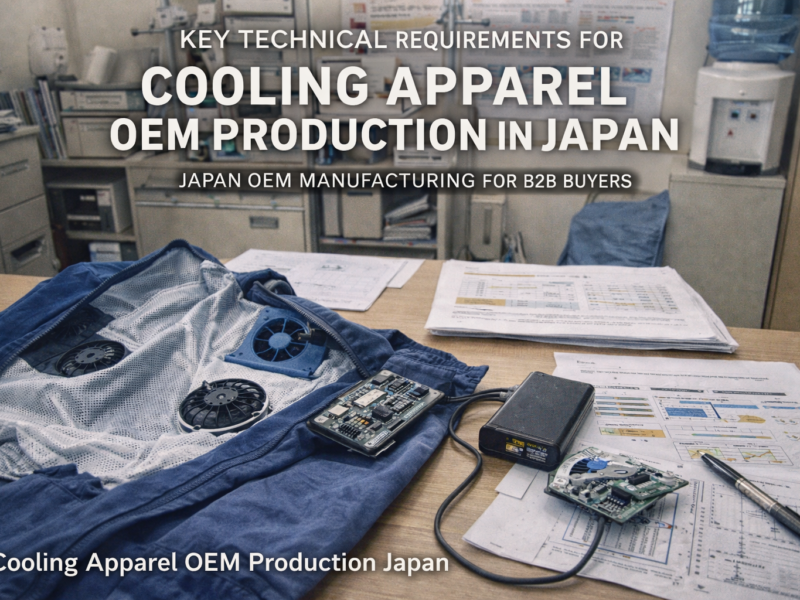 Japanese OEM engineer inspecting cooling apparel components and fan system for technical quality control in manufacturing facility