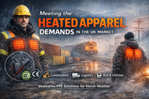 UK outdoor workers wearing heated PPE jackets and pants in damp, cold winter conditions, with construction, logistics, and railway settings in the background.
