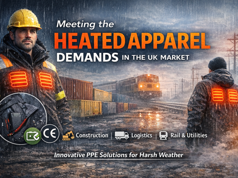 UK outdoor workers wearing heated PPE jackets and pants in damp, cold winter conditions, with construction, logistics, and railway settings in the background.