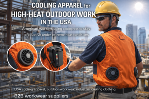 Cooling apparel USA used by construction worker wearing fan cooling vest on high-heat outdoor job site