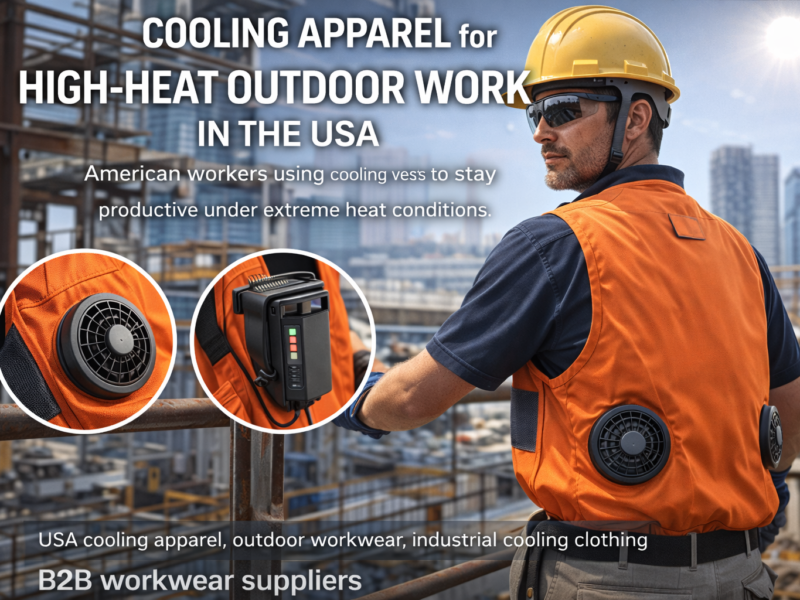 Cooling apparel USA used by construction worker wearing fan cooling vest on high-heat outdoor job site