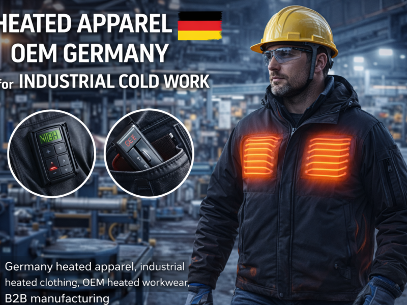 Heated apparel OEM Germany industrial heated jacket with chest heating panels inside German factory environment