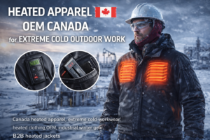 Heated apparel OEM Canada jacket with multi-zone heating panels in snowy industrial oil field environment
