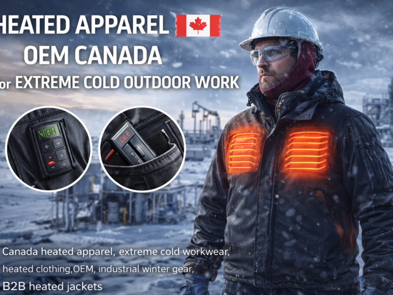 Heated apparel OEM Canada jacket with multi-zone heating panels in snowy industrial oil field environment