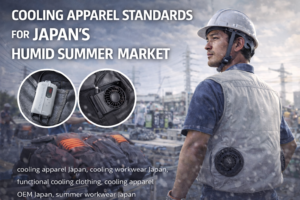 cooling apparel Japan worn by construction worker using fan cooling vest on outdoor job site