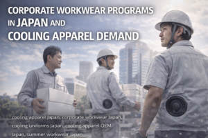 cooling apparel Japan corporate workwear showing employees wearing fan cooling uniforms during outdoor work
