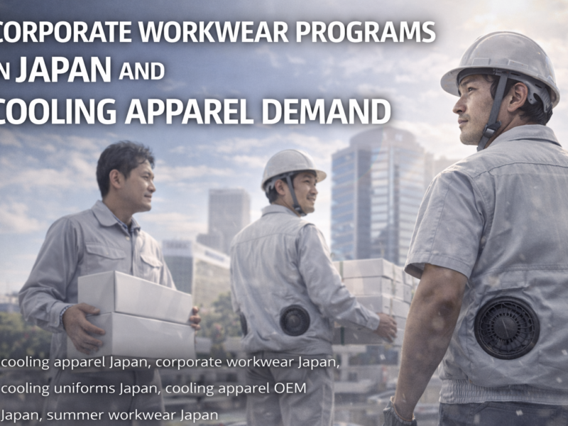 cooling apparel Japan corporate workwear showing employees wearing fan cooling uniforms during outdoor work
