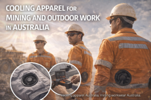 cooling apparel Australia worn by mining workers using fan cooling vest in high heat outdoor environment