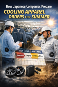 cooling apparel Japan production timeline showing summer orders preparation and fan cooling workwear in factory and outdoor use