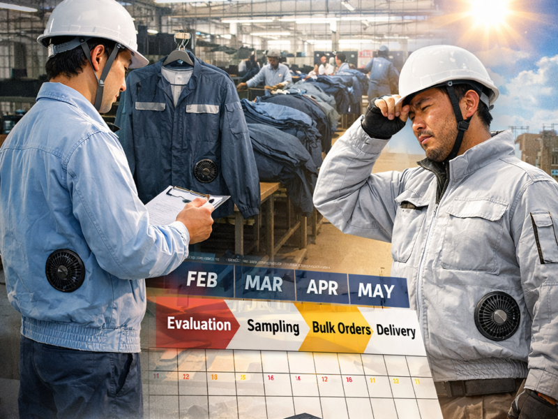 cooling apparel Japan production timeline showing summer orders preparation and fan cooling workwear in factory and outdoor use