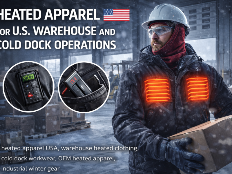 Heated apparel USA worn by warehouse worker in cold dock loading area with visible chest heating panels