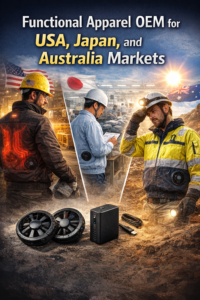 functional apparel OEM showing heated and cooling workwear used across USA Japan and Australia industrial environments