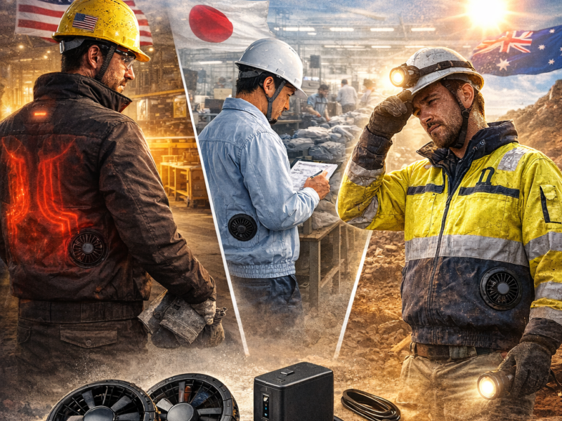 functional apparel OEM showing heated and cooling workwear used across USA Japan and Australia industrial environments