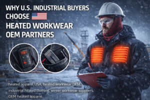 heated apparel USA worn by industrial worker using heated workwear in a cold outdoor construction environment