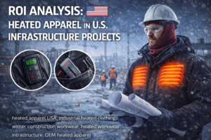 heated apparel USA worn by construction worker on winter infrastructure project with visible heated jacket panels