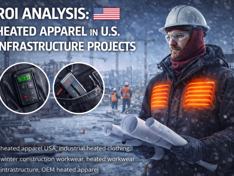 heated apparel USA worn by construction worker on winter infrastructure project with visible heated jacket panels