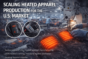 heated apparel USA manufacturing process showing heated jacket with integrated heating panels on factory production line
