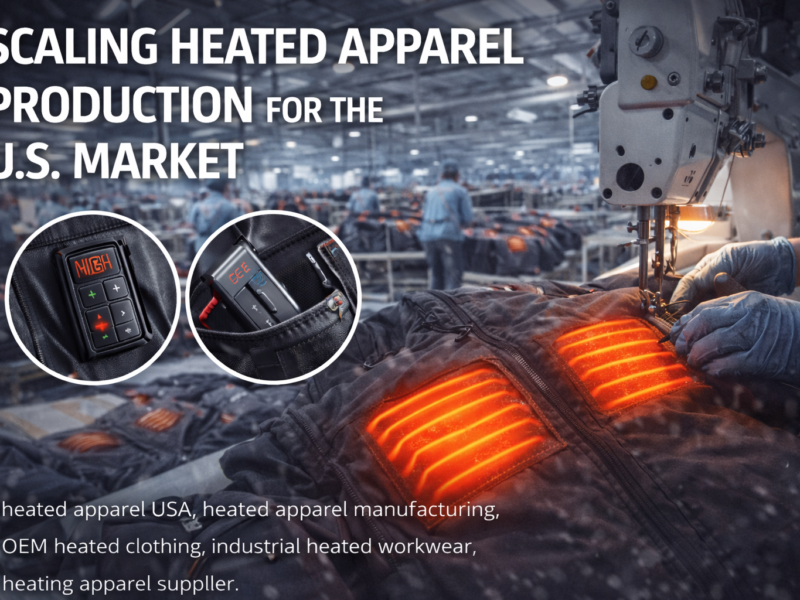 heated apparel USA manufacturing process showing heated jacket with integrated heating panels on factory production line