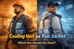 Cooling vest vs fan jacket comparison showing industrial workers using different cooling apparel in hot environments