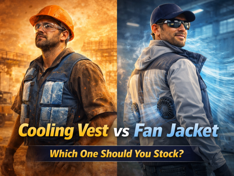 Cooling vest vs fan jacket comparison showing industrial workers using different cooling apparel in hot environments
