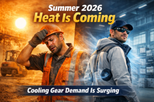 Cooling gear demand rising in 2026 with workers wearing fan jackets and cooling vests in extreme heat