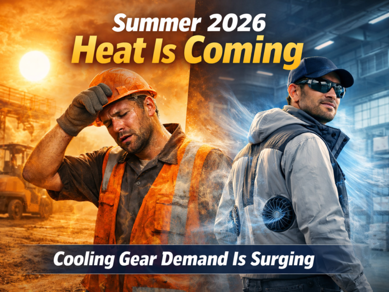 Cooling gear demand rising in 2026 with workers wearing fan jackets and cooling vests in extreme heat