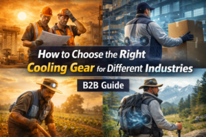 cooling gear for different industries including construction warehouse agriculture and outdoor workers using cooling vests and fan jackets